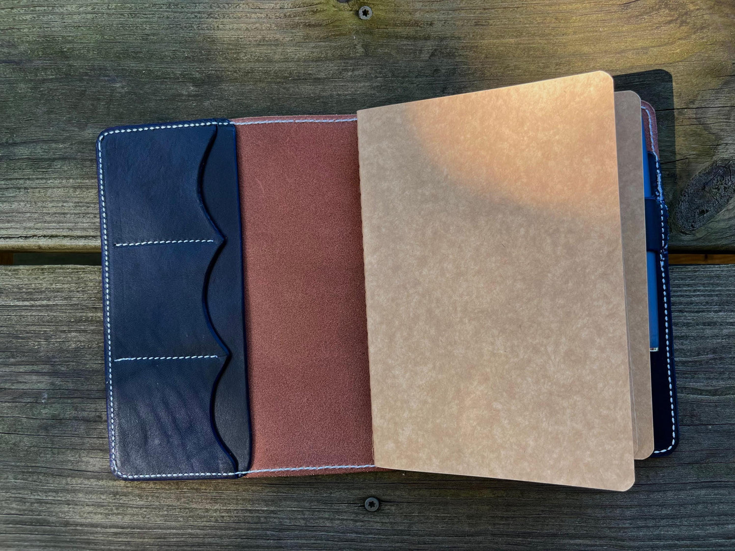 Ready to Ship, A5 Deluxe veg tanned Leather Full grain Journal Cover, Travel Notebook 8.25" x 5.83" (Inserts NOT included), Brown with navy