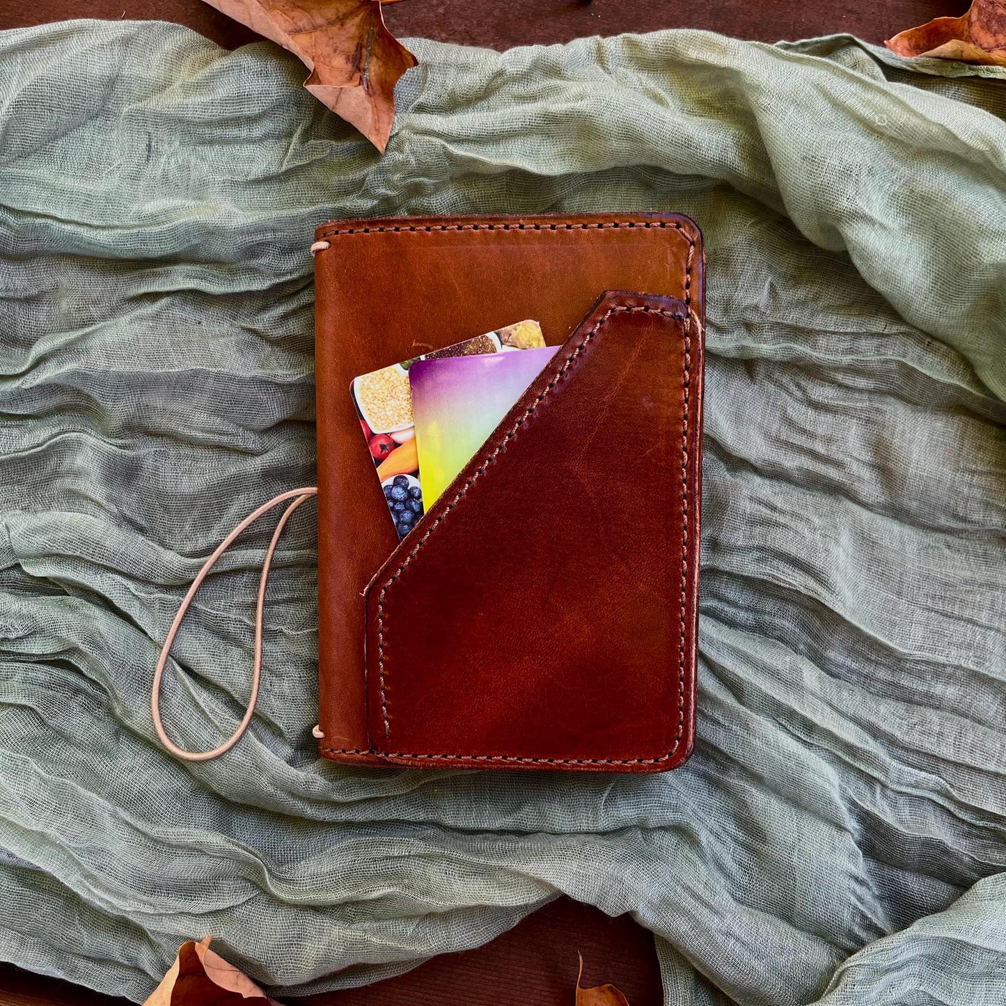 Pocket Traveler's Notebook with front outside pocket. Tan elastic cord. Holds 3 inserts.