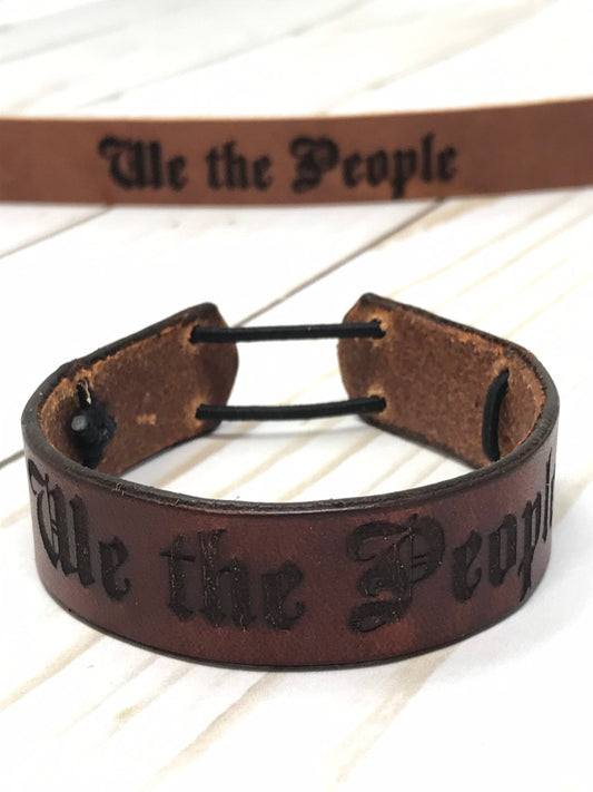We the People | Leather Bracelet (.75" wide) | Full Grain Leather Bracelet w Elastic Closure