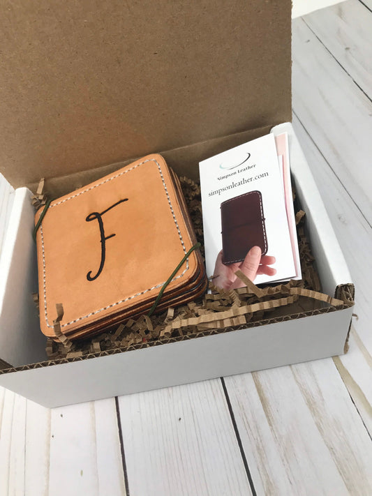 Coasters, Monogrammed Leather Coasters| 4 Pack |Stitched Coasters | Logo Engraved