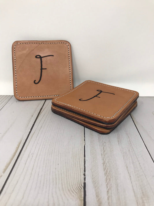 Coasters, Monogrammed Leather Coasters| 4 Pack |Stitched Coasters | Logo Engraved