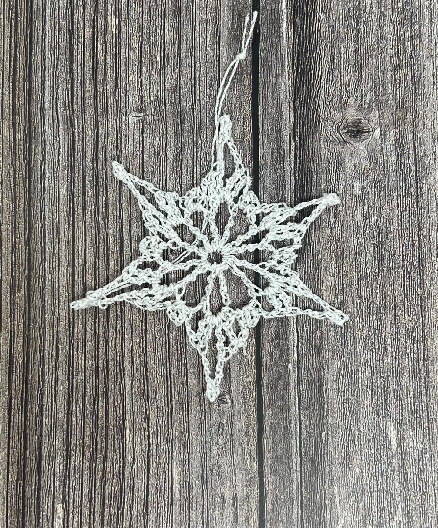 3.5" lace crocheted ornament, silver and white, 100% cotton