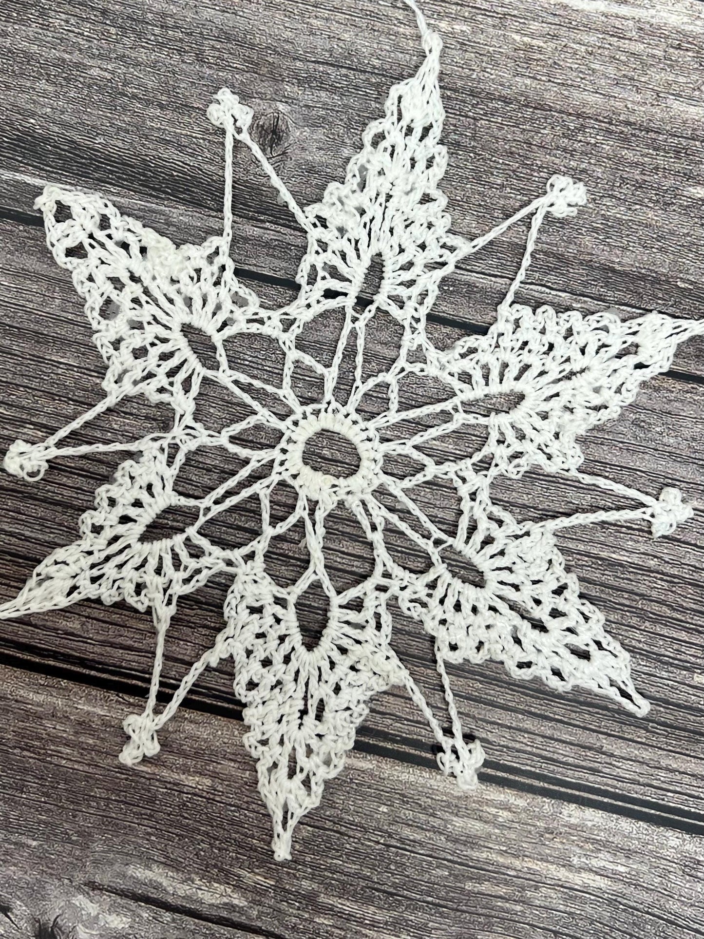 white crochet snowflake, ornament, window hanging