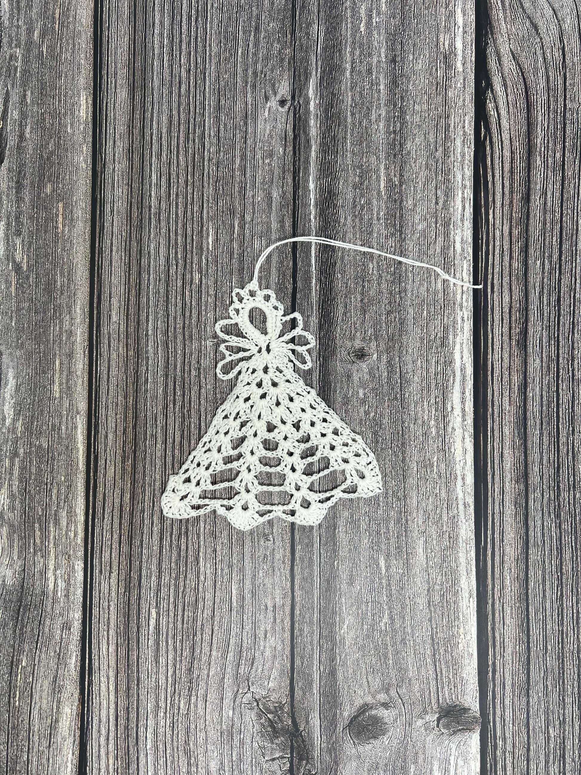 5" crocheted angel lace ornament, 100% cotton. stiffened to hang for decor