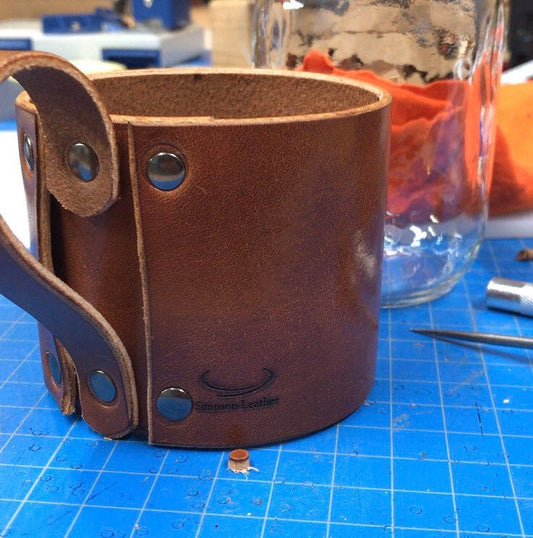 Mason Jar Holder, Mugg Mitt (Qty 1) | Leather Mugg Mitt | Leather Mason Jar Koozie | Custom Engraved