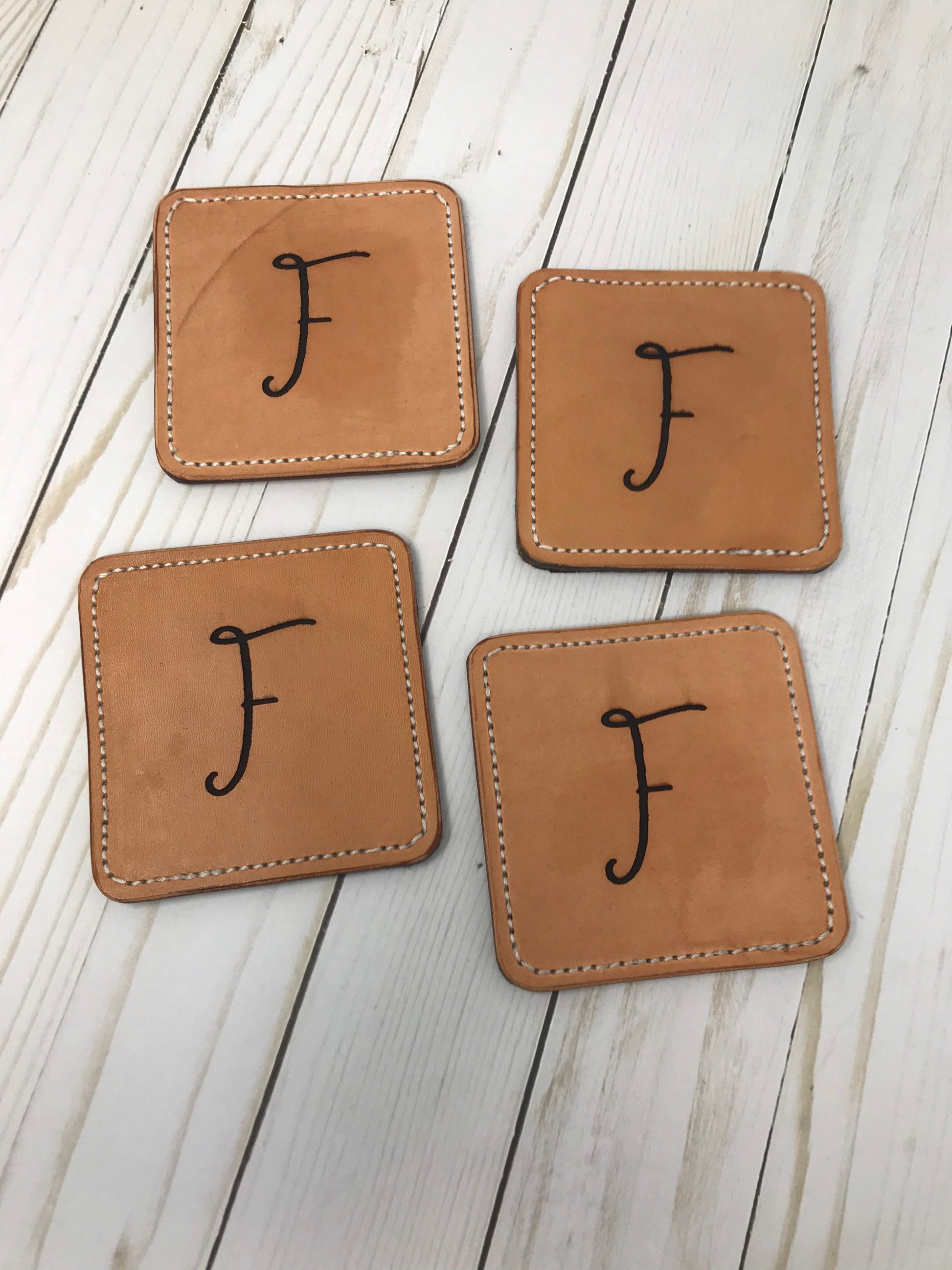 Coasters, Monogrammed Leather Coasters| 4 Pack |Stitched Coasters | Logo Engraved