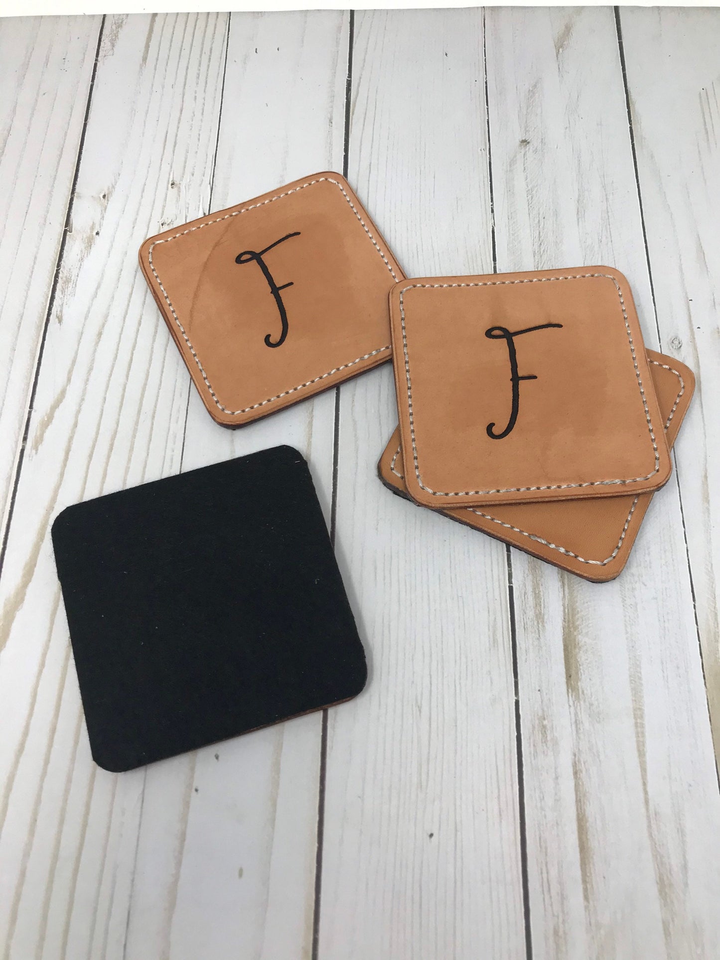 Coasters, Monogrammed Leather Coasters| 4 Pack |Stitched Coasters | Logo Engraved