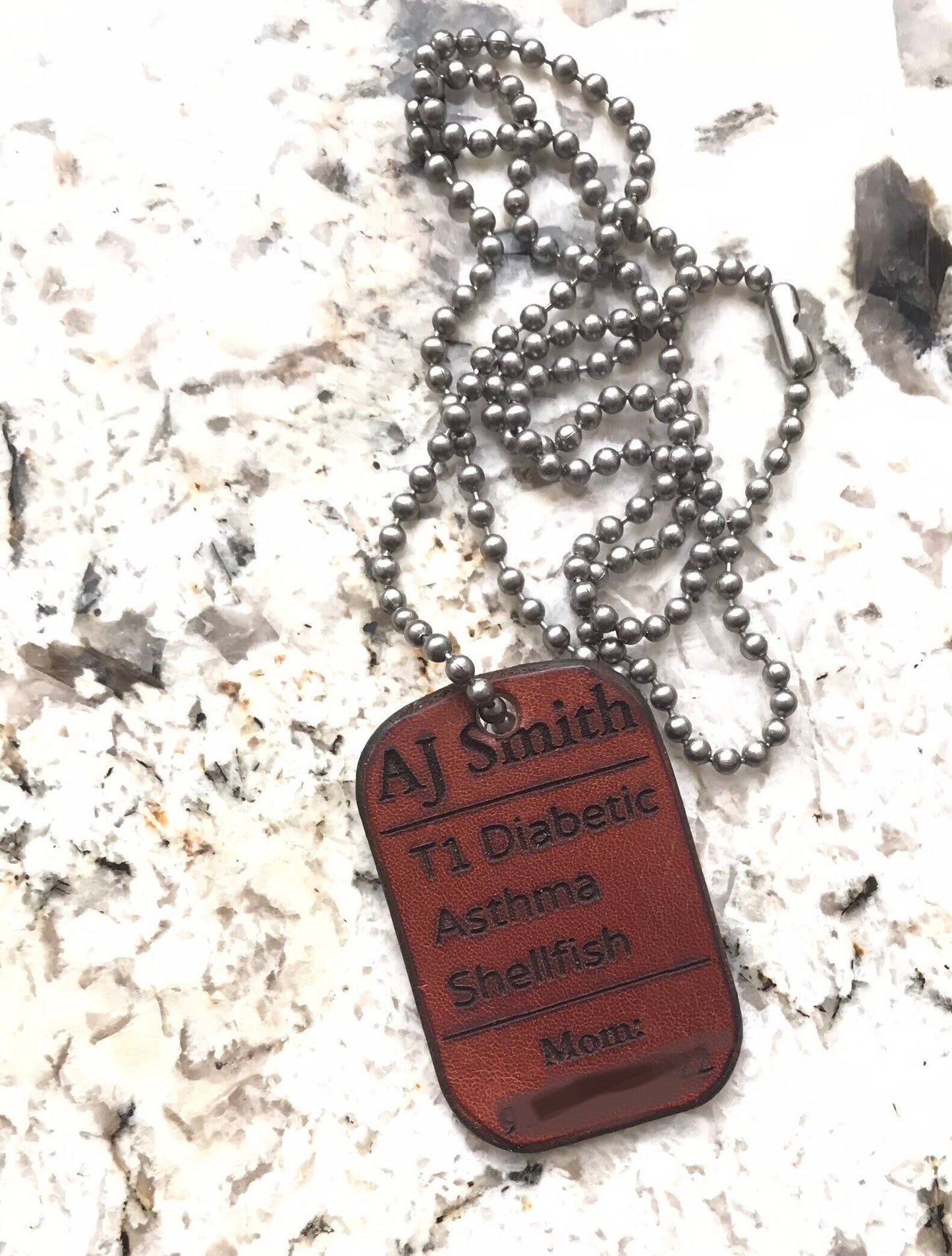 Medic Alert, Engraved Dog Tag, Leather Keychain, Leather Necklace and Chain